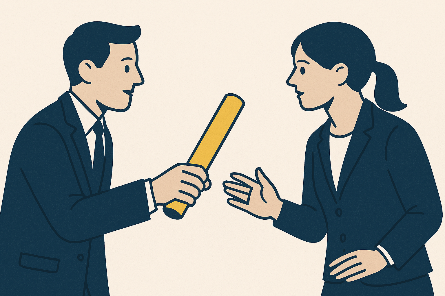 Baton handoff between two colleagues symbolising a clean sales-to-success transition